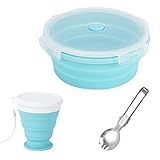 Cuenco Plegable para Acampar y Taza Plegable con Juego de Cuchara Plegable 2 en 1, Taza de Viaje de Silicona Portátil con tapa de sellado para viajes al aire libre Camping Senderismo Caravana