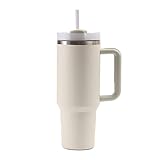 Moollyfox Taza térmica al vacío de acero inoxidable de doble pared de 40 oz con asa para actualizar taza de café de 1200 ml, taza de viaje portátil, taza térmica con pajita y tapa, color beige