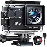 WOLFANG Cámara Deportiva GA100 4K 30FPS, Videocámara de Casco WiFi de 20MP con EIS Antivibración, Cámara Subacuática Buceo 40M con Micrófono Dual, Control Remoto, 2 Baterías, Varios Accesorios