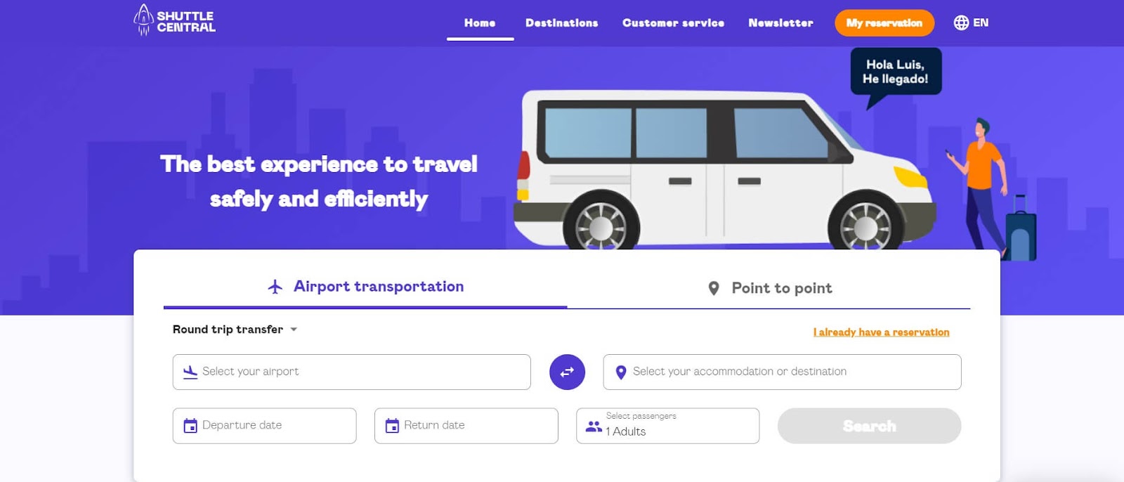 Página de reservas de la central de transporte