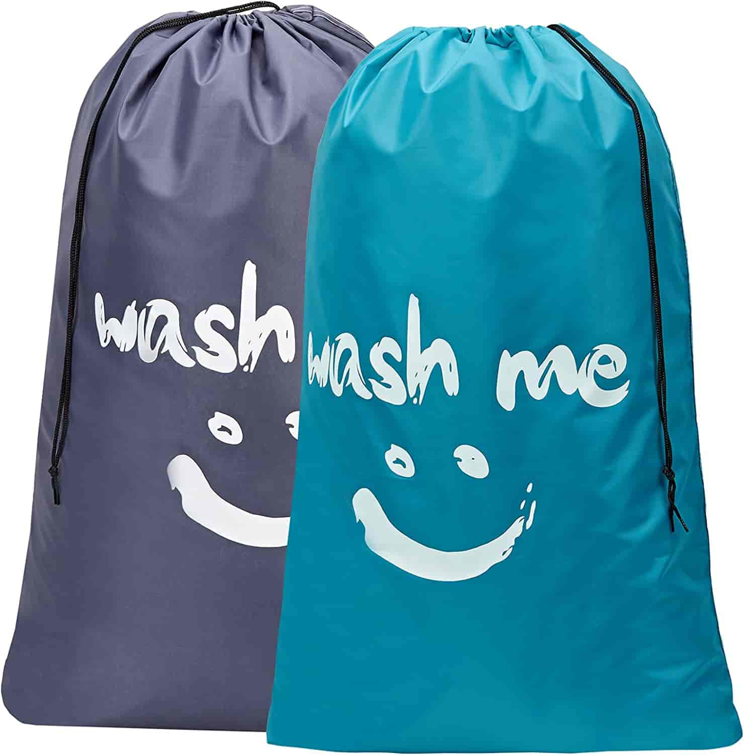 neceser de cuerda gris y azul con estampados de lavados y caritas sonrientes