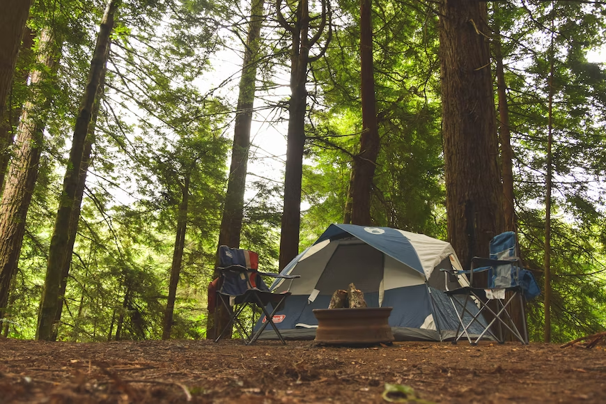 Dos sillas de camping azules y una tienda de campaña bajo el bosque. 