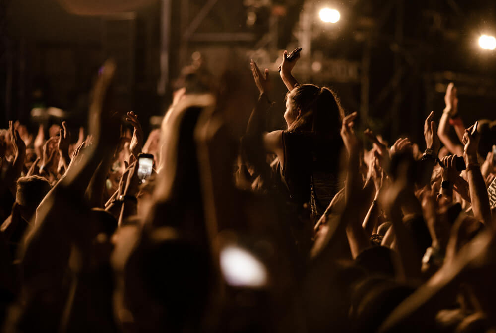 Multitud de personas con brazos levantados divirtiéndose en un festival de música